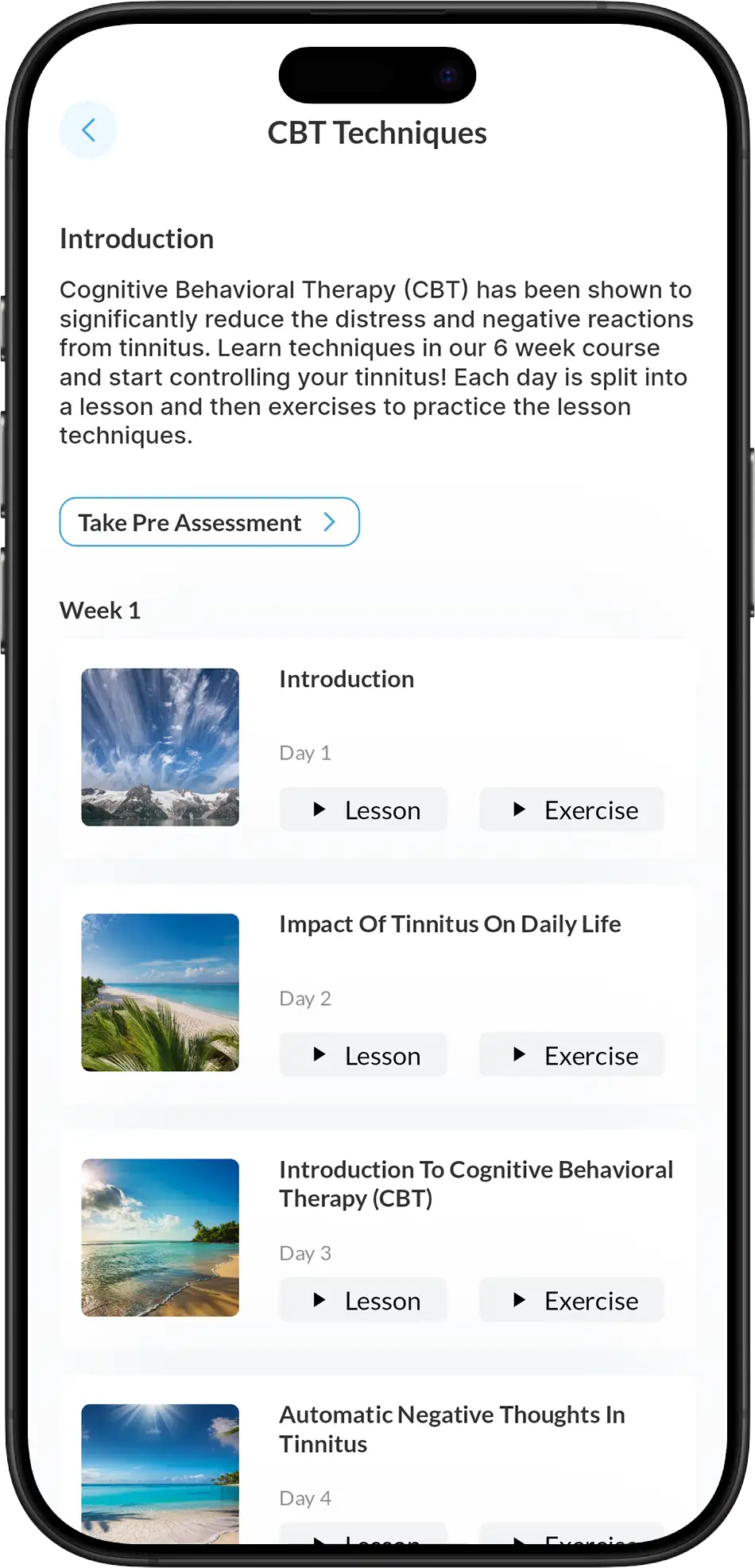 Reductinn CBT Course - showing Introduction to Cognitive Behavioral Therapy with weekly lessons including Impact of Tinnitus on Daily Life and Automatic Negative Thoughts