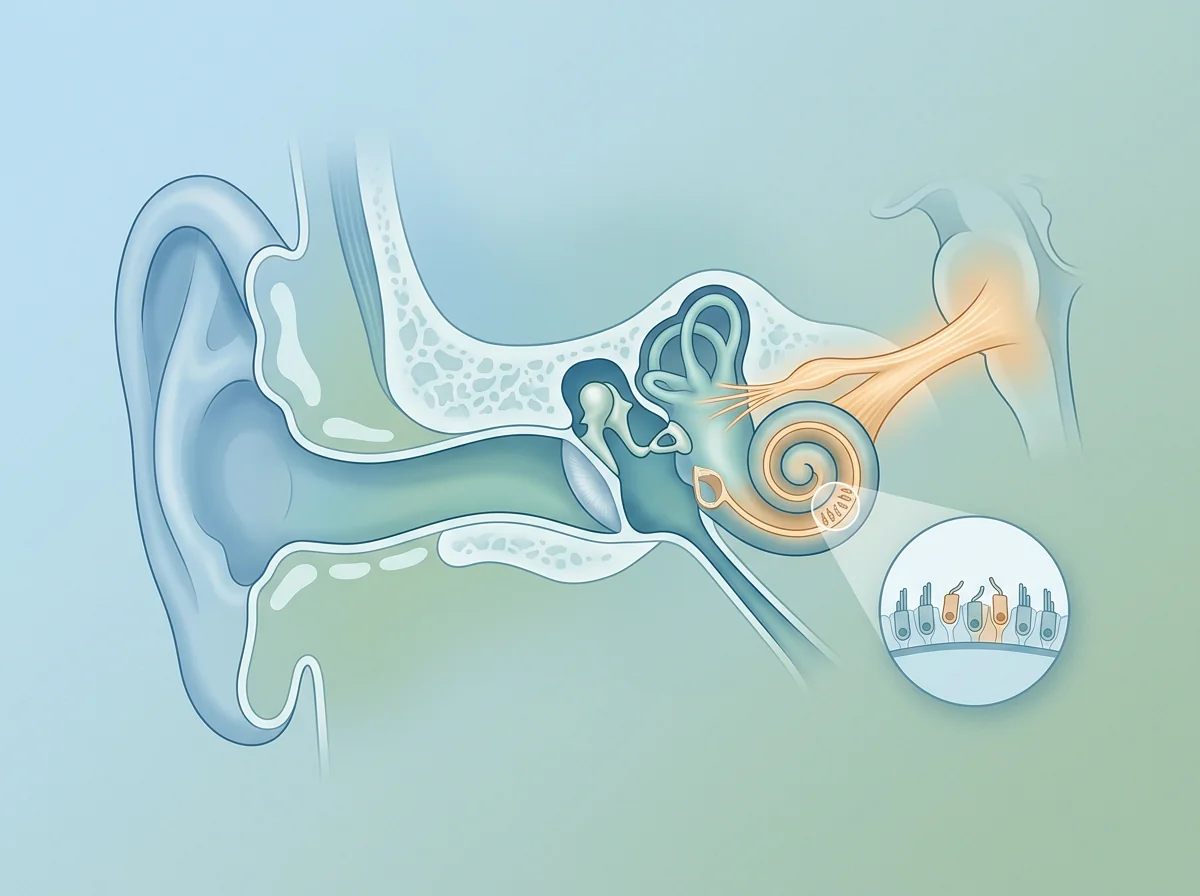 Simplified ear anatomy cutaway with the cochlea highlighted and a small inset showing hair cells