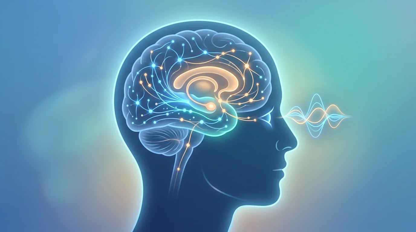 Illustration of a head silhouette showing tinnitus as a connected brain network with subtle sound waves