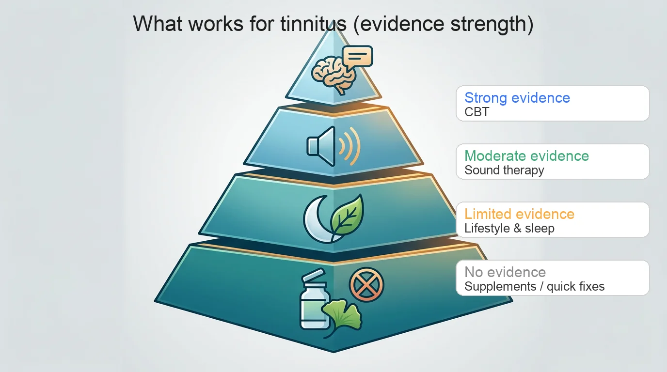 Evidence pyramid placing CBT at strongest evidence, sound therapy moderate, lifestyle limited, and supplements/no-quick-fixes at no evidence