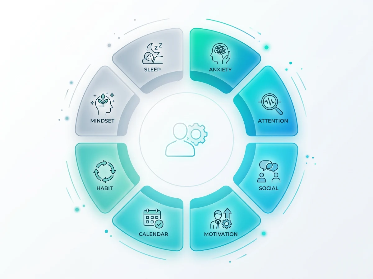 Circular self-assessment wheel with eight readiness domains for starting CBT for tinnitus