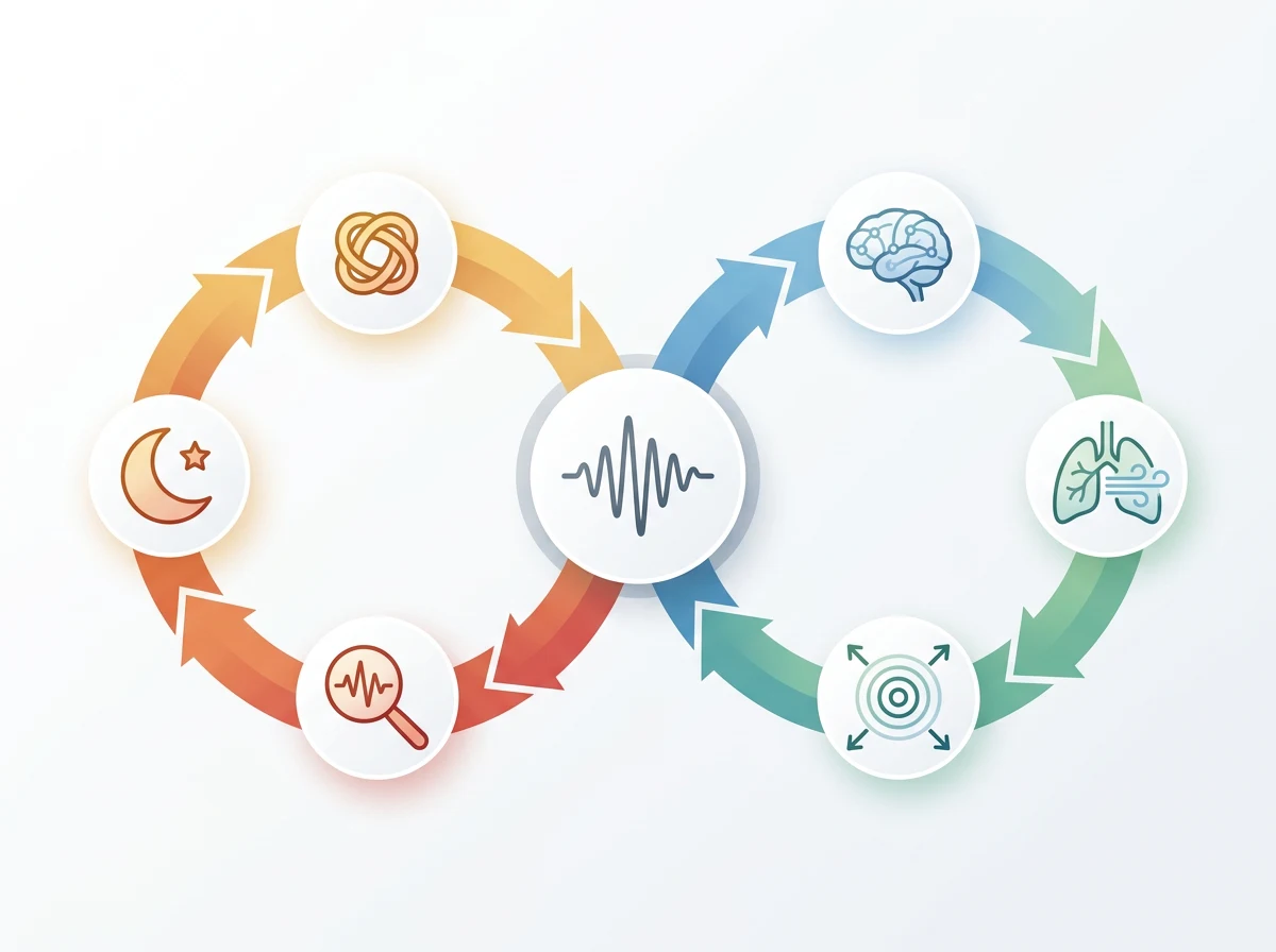Diagram of a tinnitus signal splitting into a distress loop versus a CBT-guided habituation path