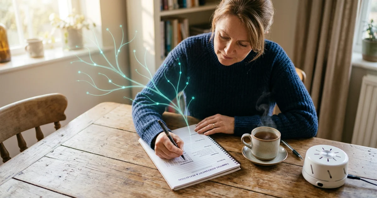 Person completing a worksheet at a table with a subtle branching pathway graphic, representing CBT self-assessment for tinnitus.