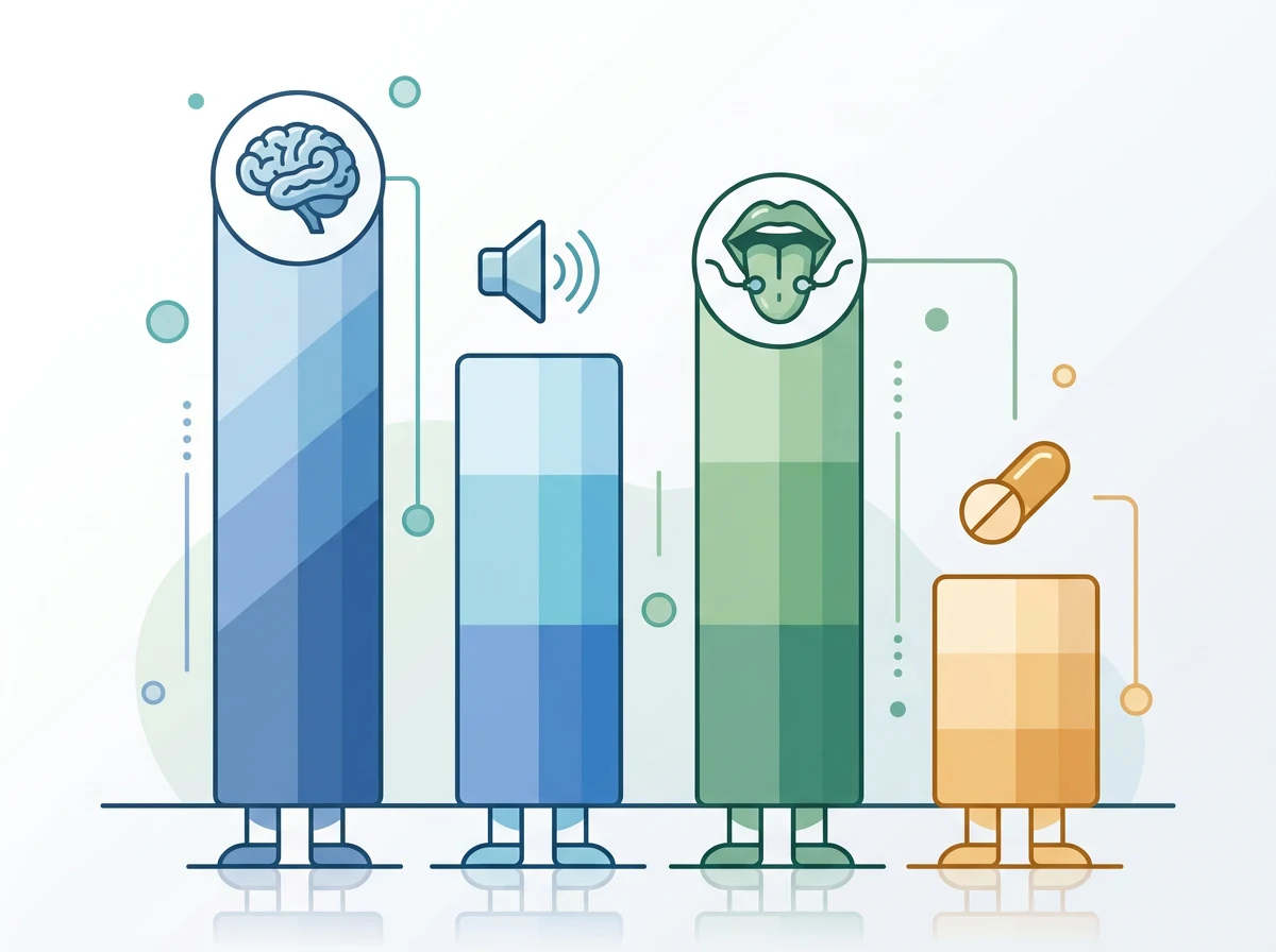 Icon-based comparison chart showing CBT highest, then sound and bimodal therapies, with medications lower
