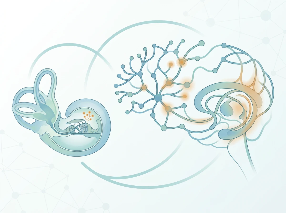 Illustration of three connected tinnitus mechanisms: cochlea changes, auditory cortex activity, and limbic system response
