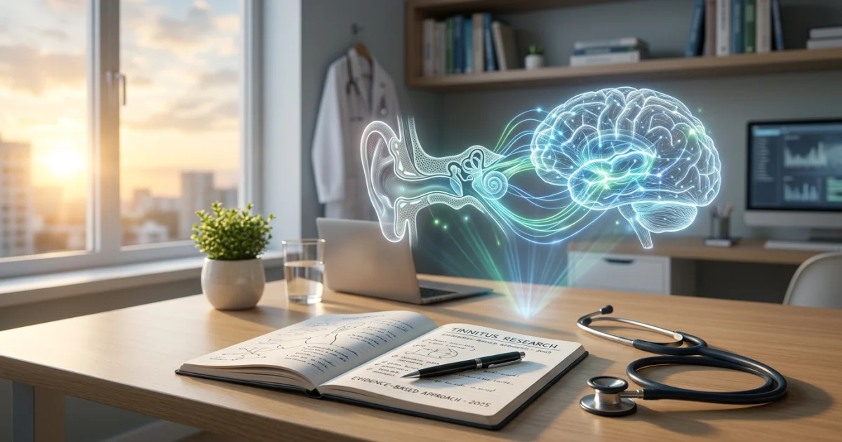 Clinical desk with abstract ear-brain network overlays, symbolizing evidence-based tinnitus treatment in 2025.