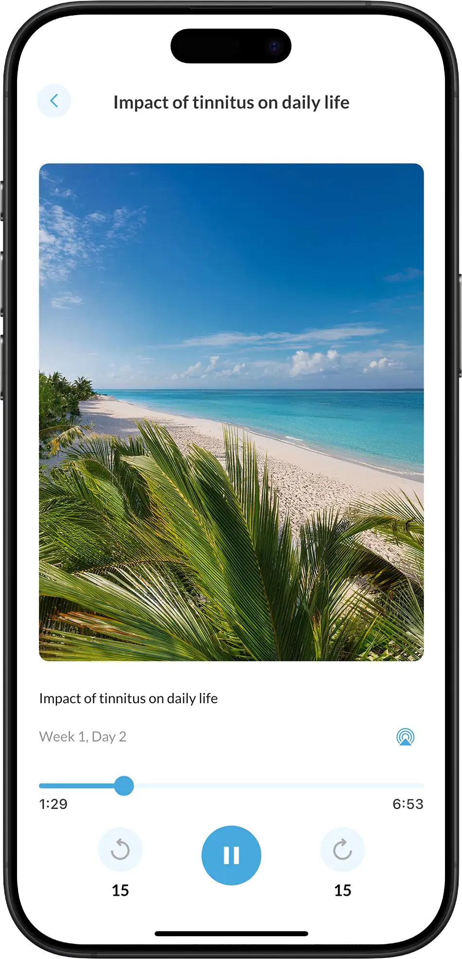 Reductinn app screenshot showing the audio player interface with a peaceful beach scene and tinnitus impact lesson for Week 1, Day 2