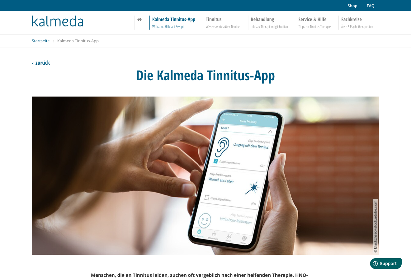 Kalmeda public tinnitus app page