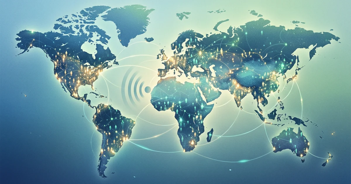 World map made of connected human silhouettes and light points, representing the global tinnitus population.