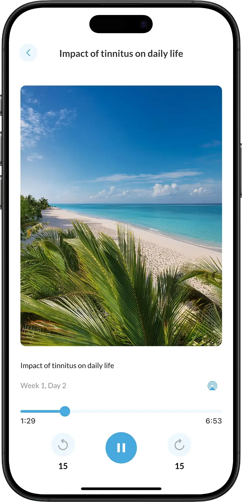 Reductinn app screenshot showing the audio player interface with a peaceful beach scene and tinnitus impact lesson for Week 1, Day 2