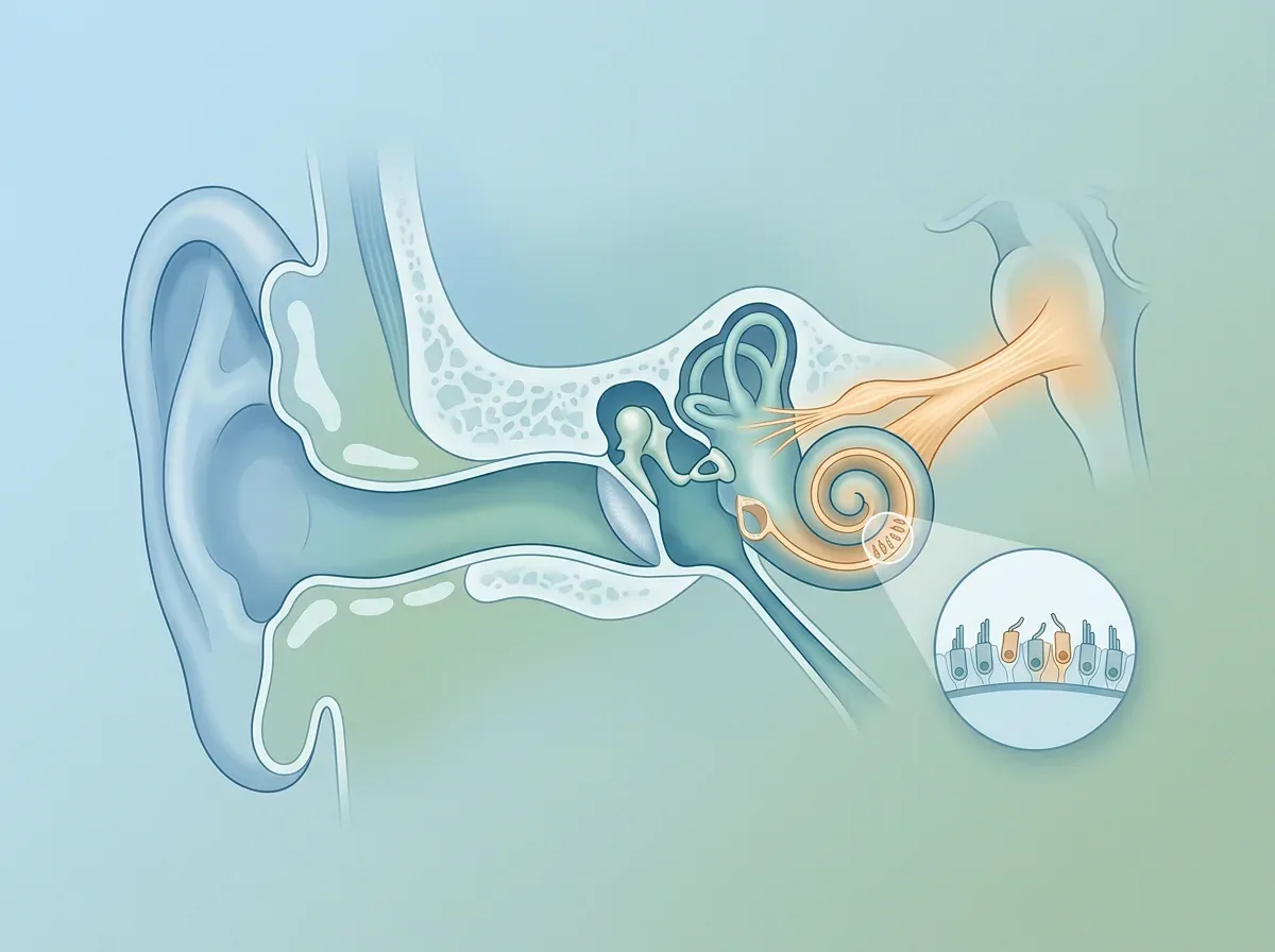 Simplified ear anatomy cutaway with the cochlea highlighted and a small inset showing hair cells
