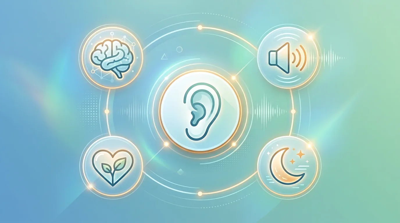 Icon-based diagram showing four evidence-based tinnitus management pillars around an ear: CBT, sound therapy, sleep, and lifestyle