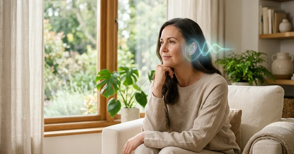 Calm person in a bright room with soft blue-green sound waves near one ear, symbolizing tinnitus management.