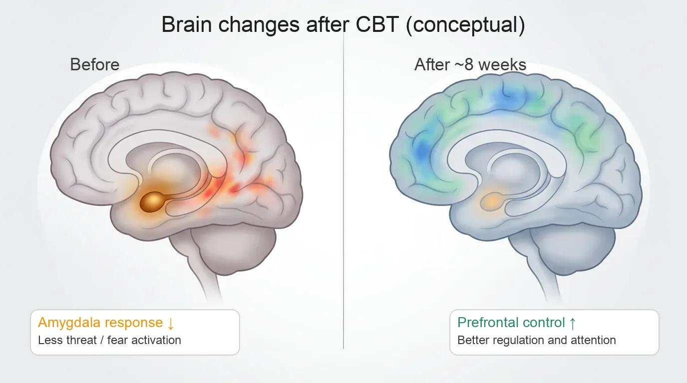 Conceptual before-and-after illustration of tinnitus feeling less threatening after CBT, with calmer limbic response and stronger top-down control