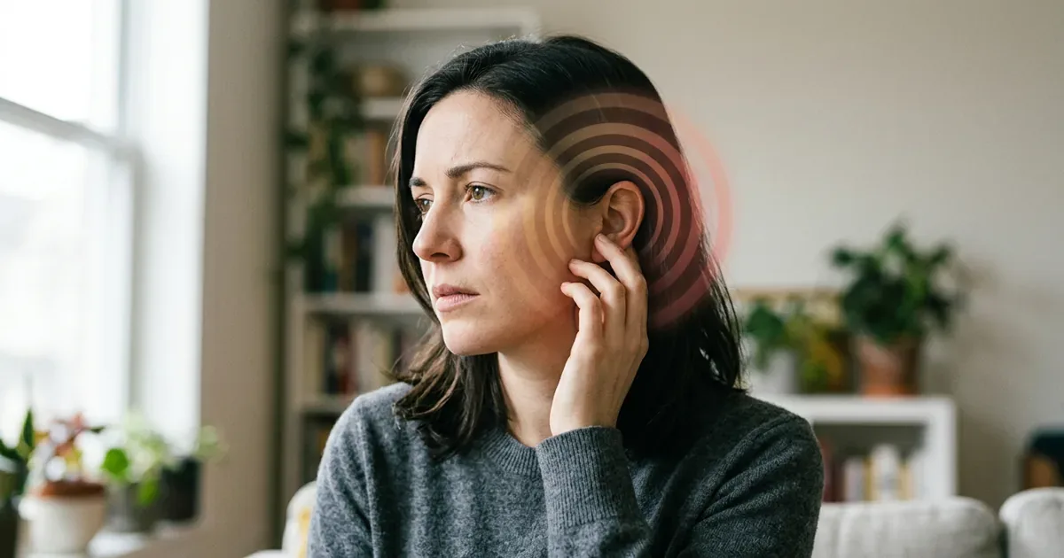 Person touching one ear with subtle red concentric rings indicating tinnitus, in a bright home setting.