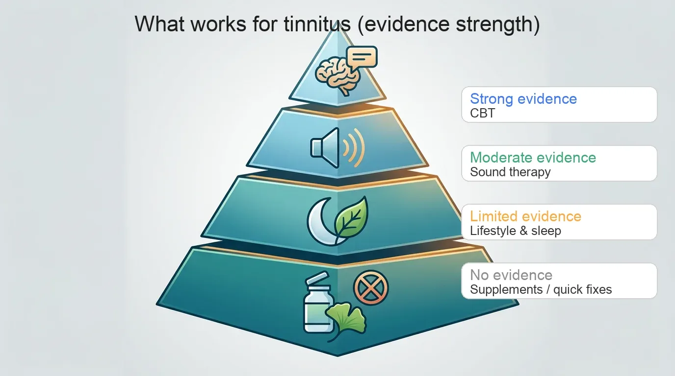 Evidence pyramid placing CBT at strongest evidence, sound therapy moderate, lifestyle limited, and supplements/no-quick-fixes at no evidence