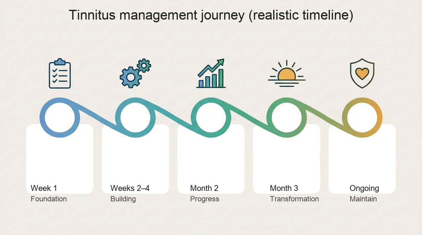Timeline of tinnitus management milestones from week 1 foundation through month 3 transformation and ongoing maintenance