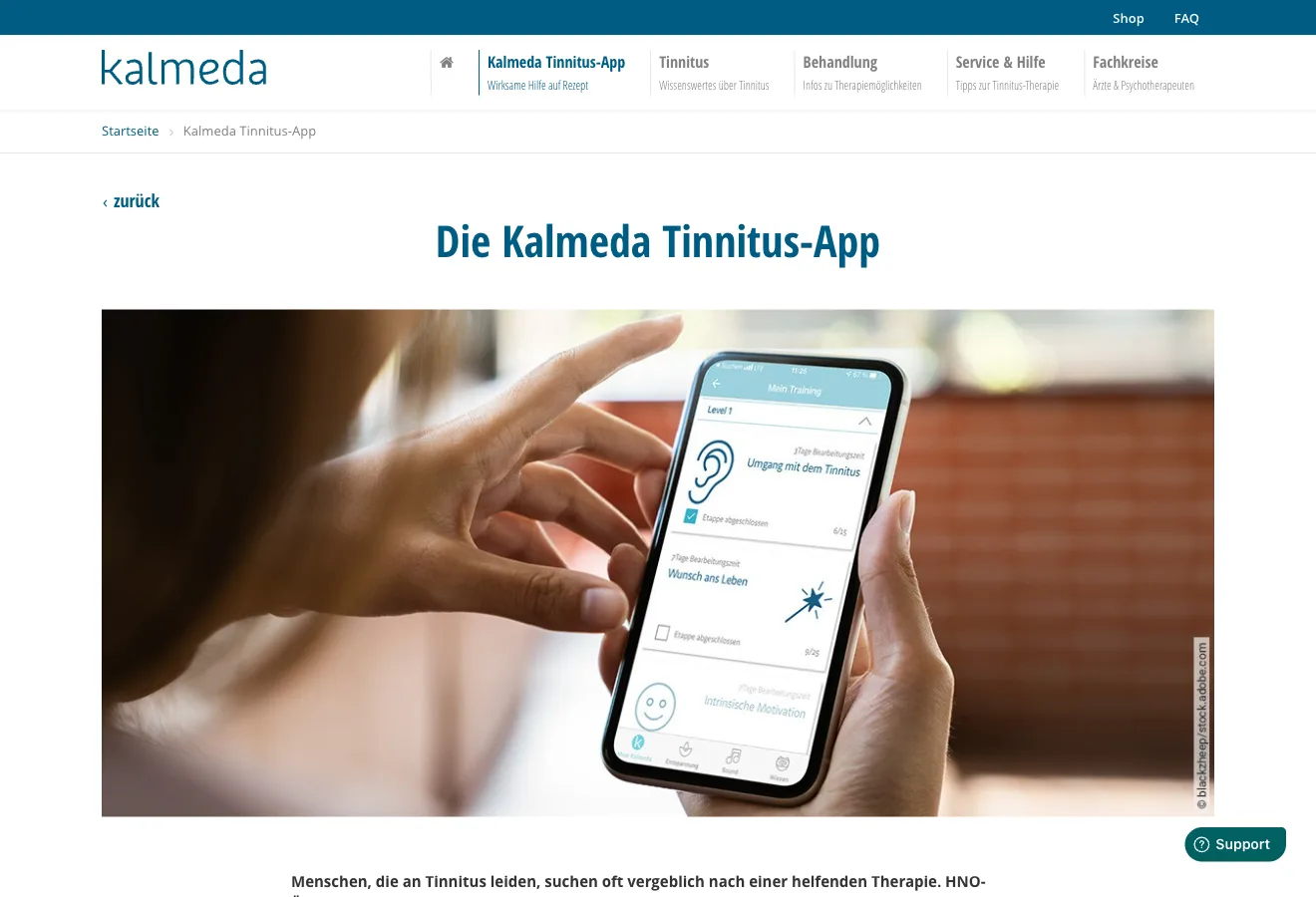 Kalmeda public tinnitus app page