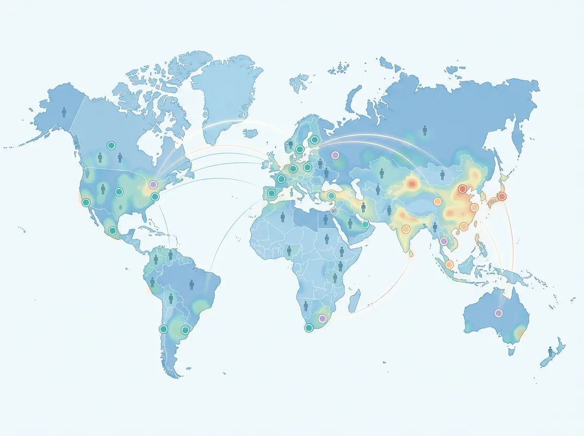 Global prevalence map style graphic with intensity regions and connection arcs for tinnitus burden