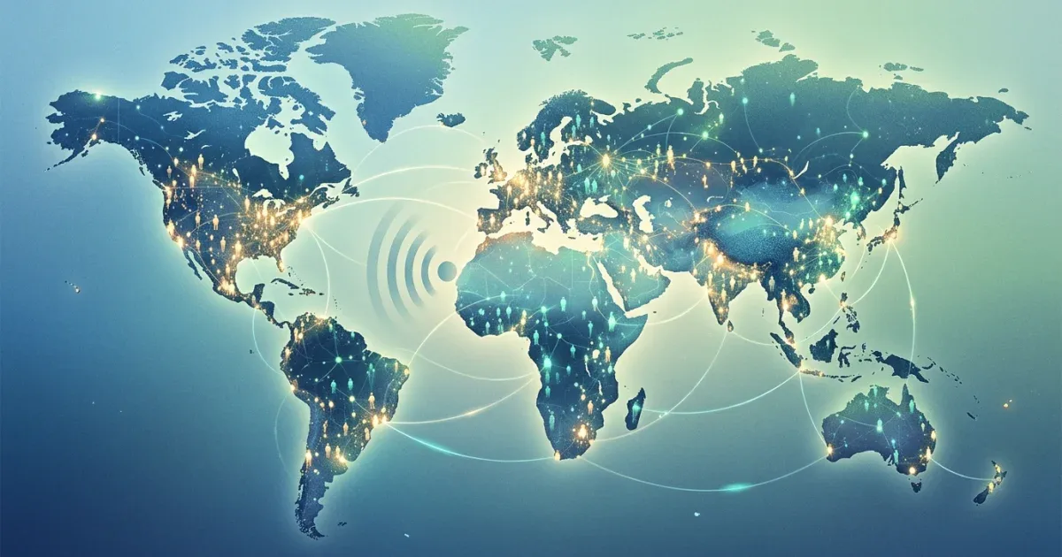 World map made of connected human silhouettes and light points, representing the global tinnitus population.