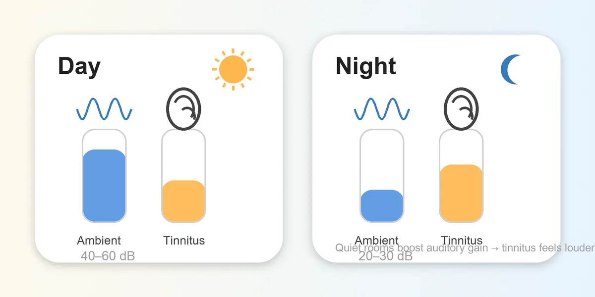 Day vs. night: ambient noise drops, tinnitus stands out