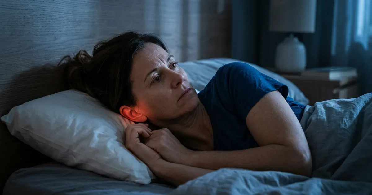 Person lying awake in bed at night with a subtle red glow around one ear, symbolizing tinnitus.